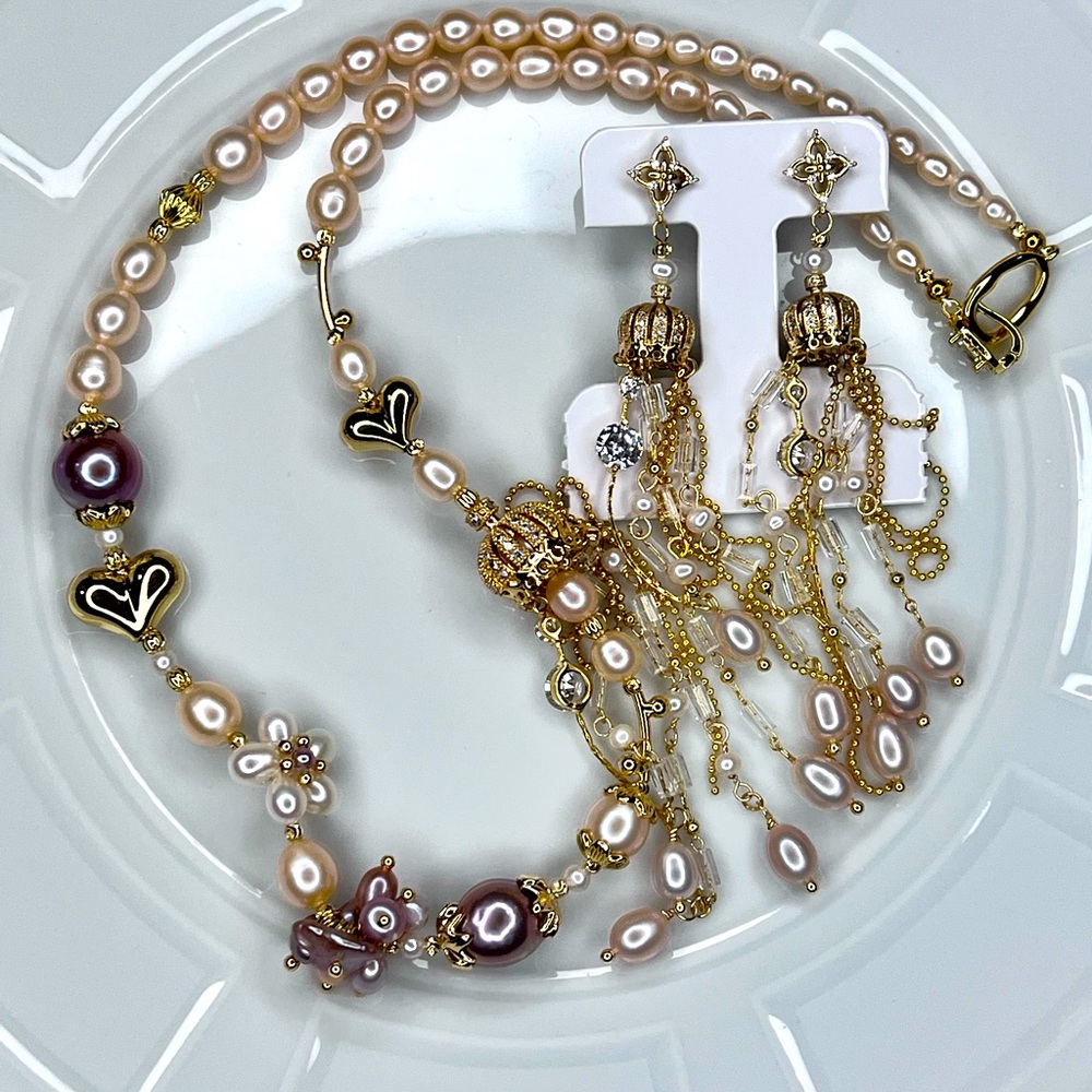 Handmade Freshwater Edison Blueberry 🫐 Pink Pearl Dangling Necklace Earrings SET